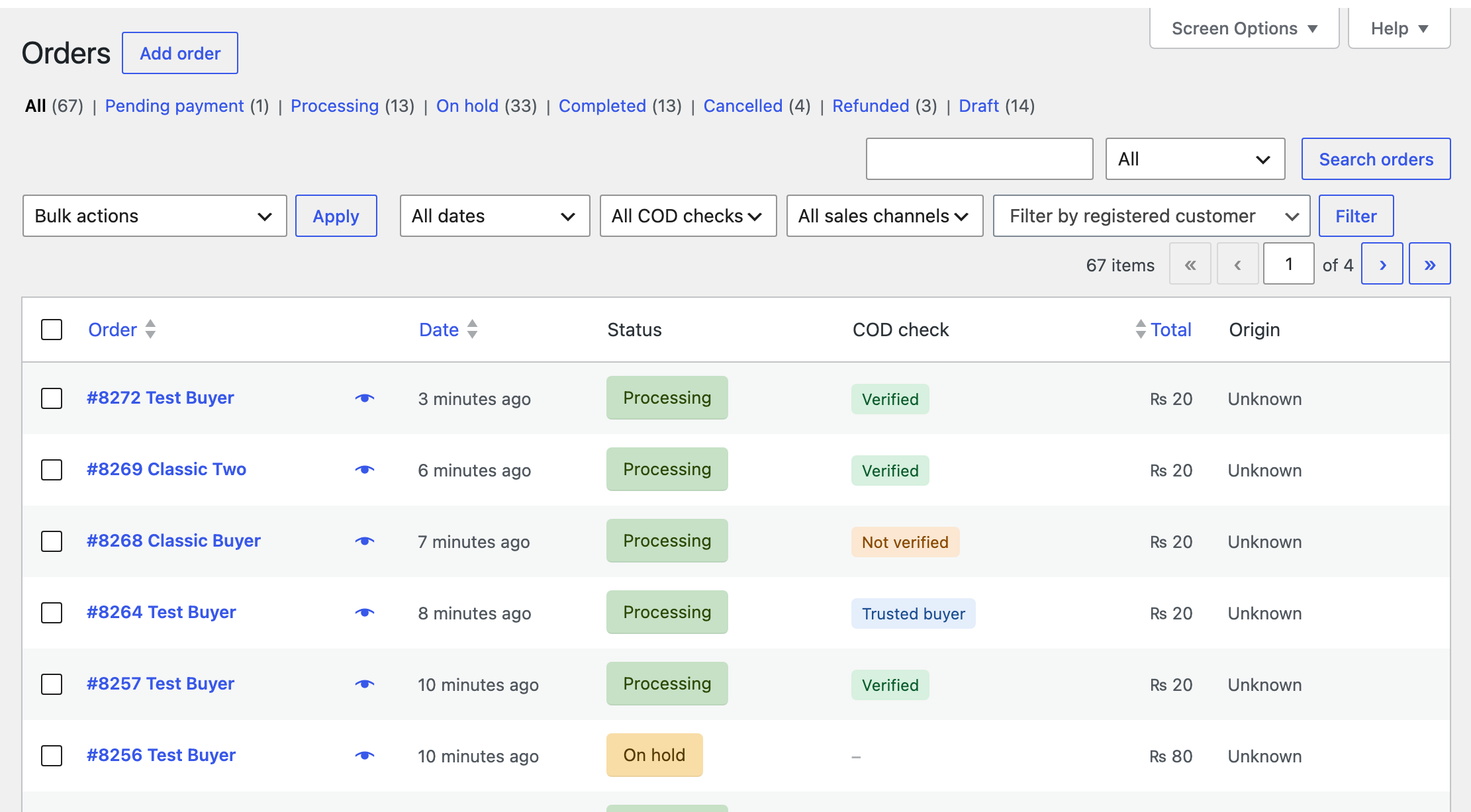 Verified badges and filter on the orders list.