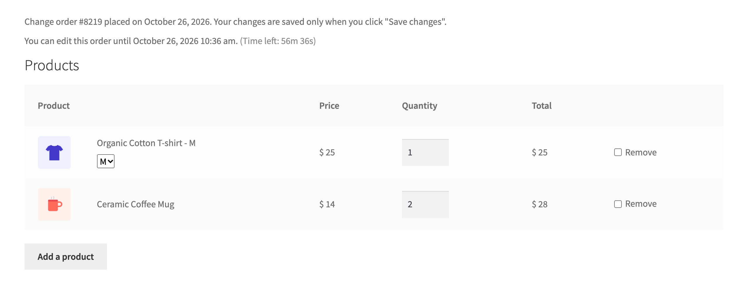 The edit page in My Account: products, quantities and options.