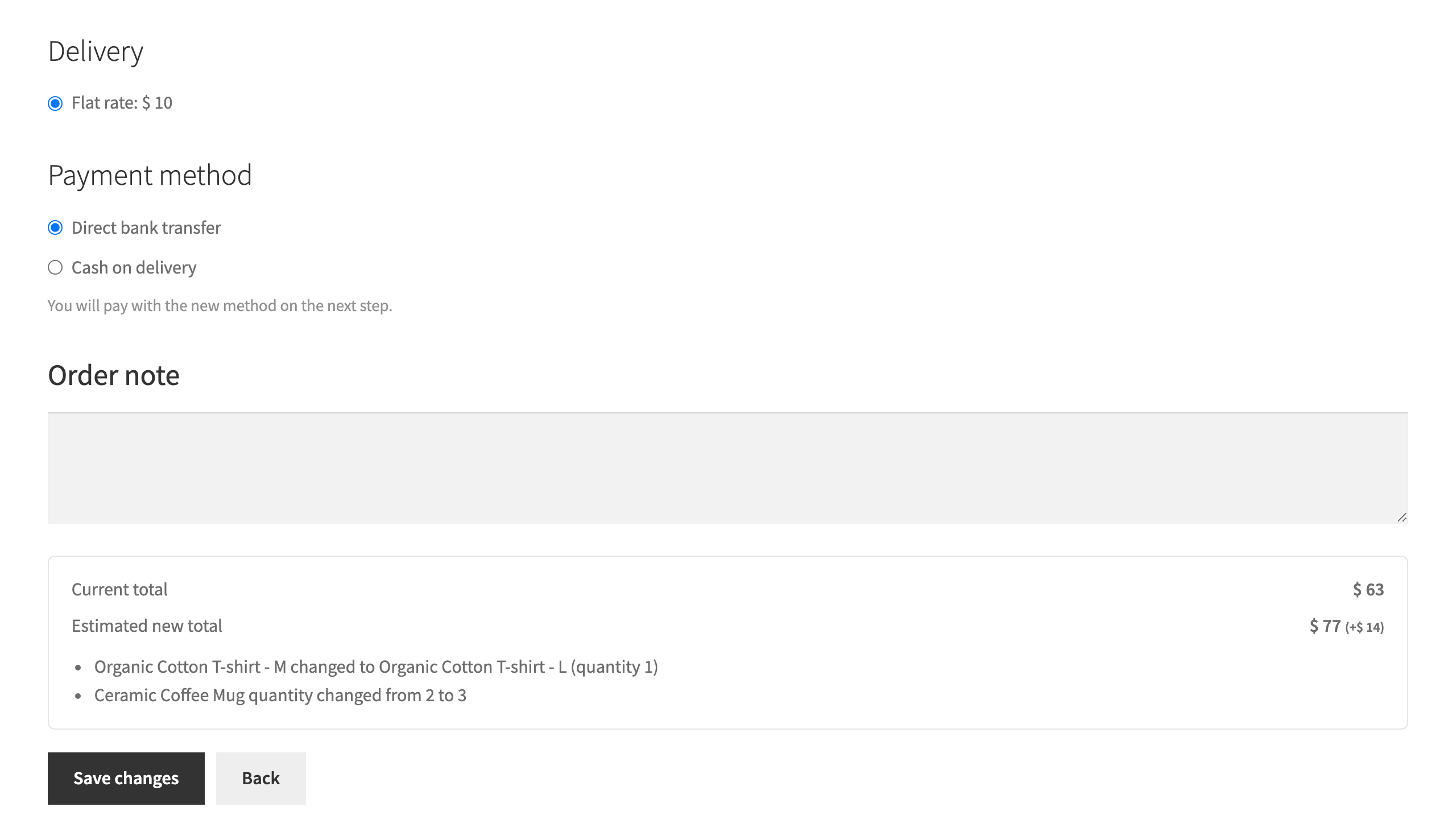 Delivery, payment and note sections with the estimated new total and the list of changes.