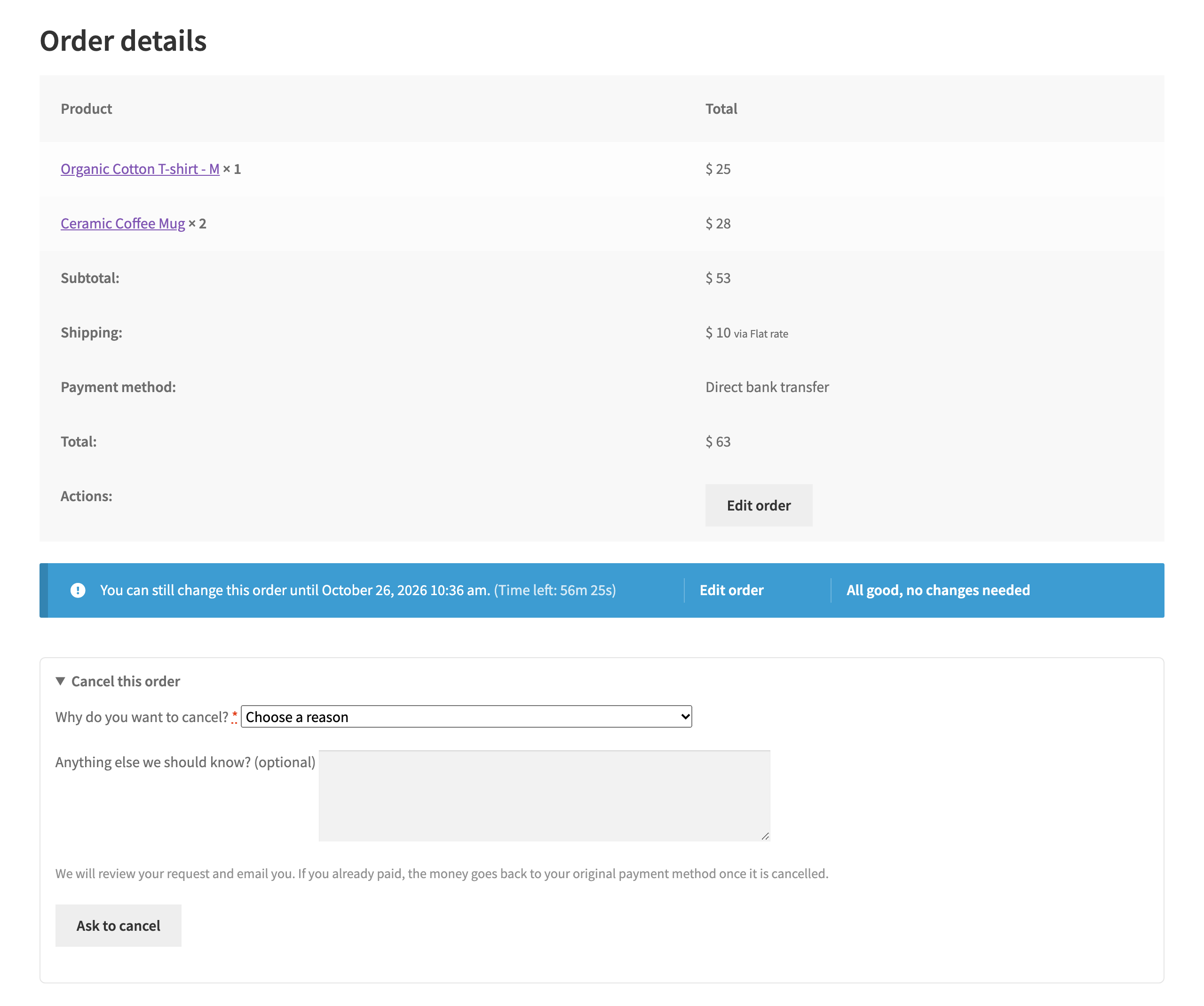 The edit box and cancel form on the order page.