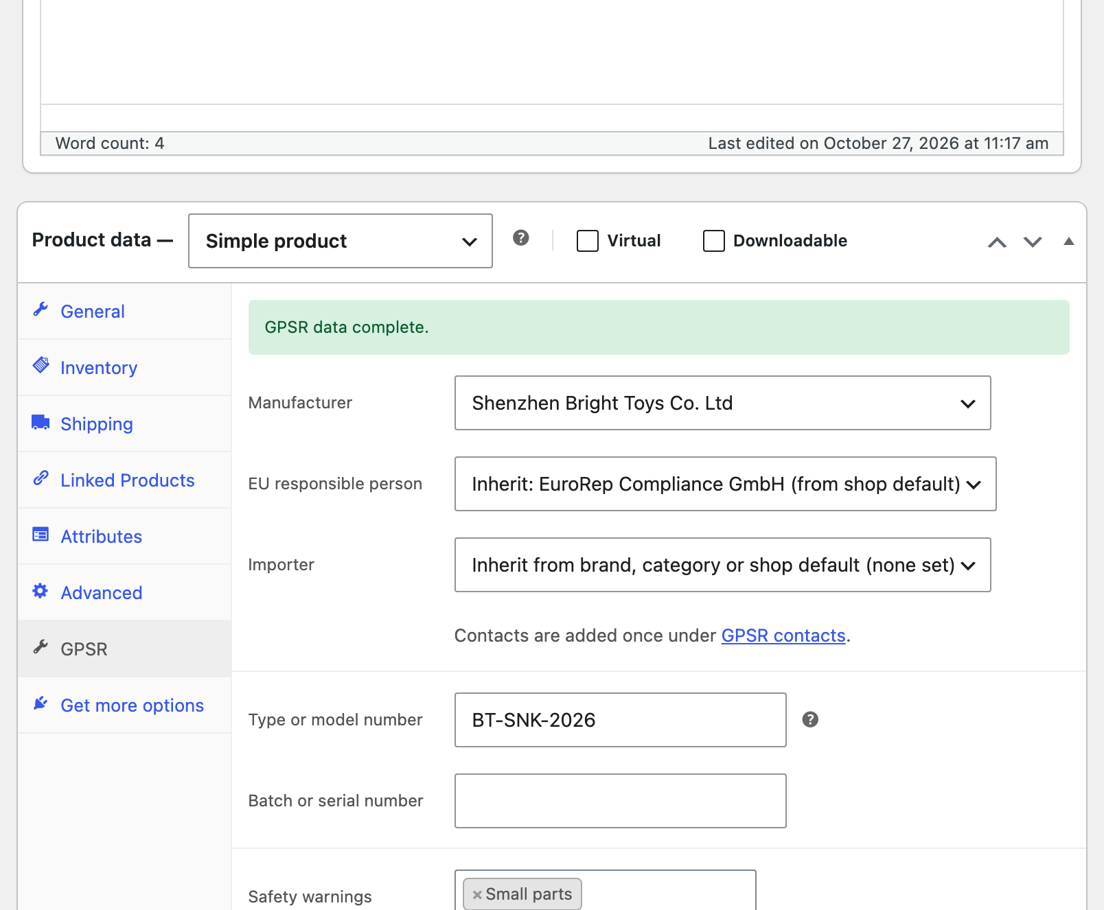 GPSR tab in the product editor.