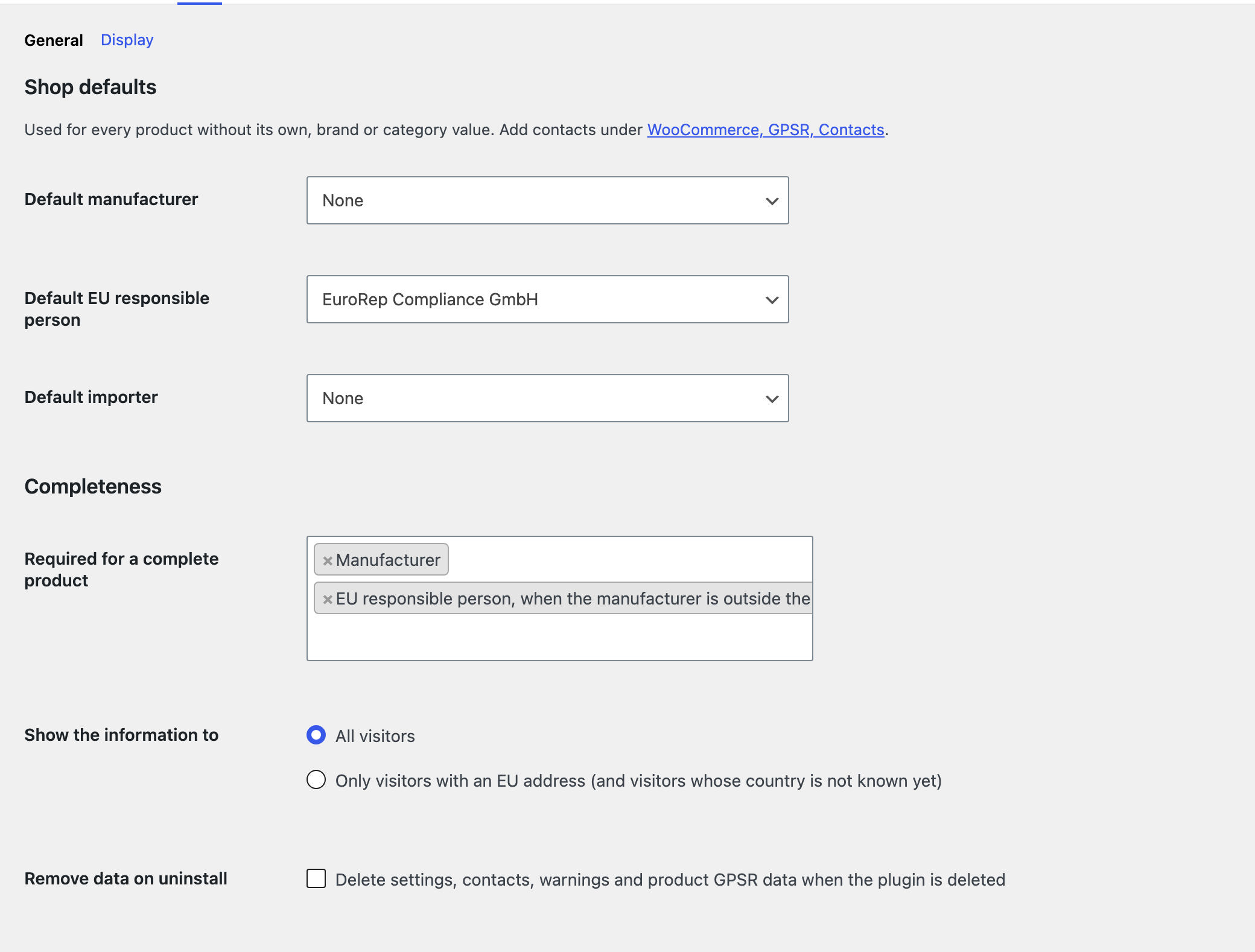 Settings under WooCommerce, Settings, GPSR.